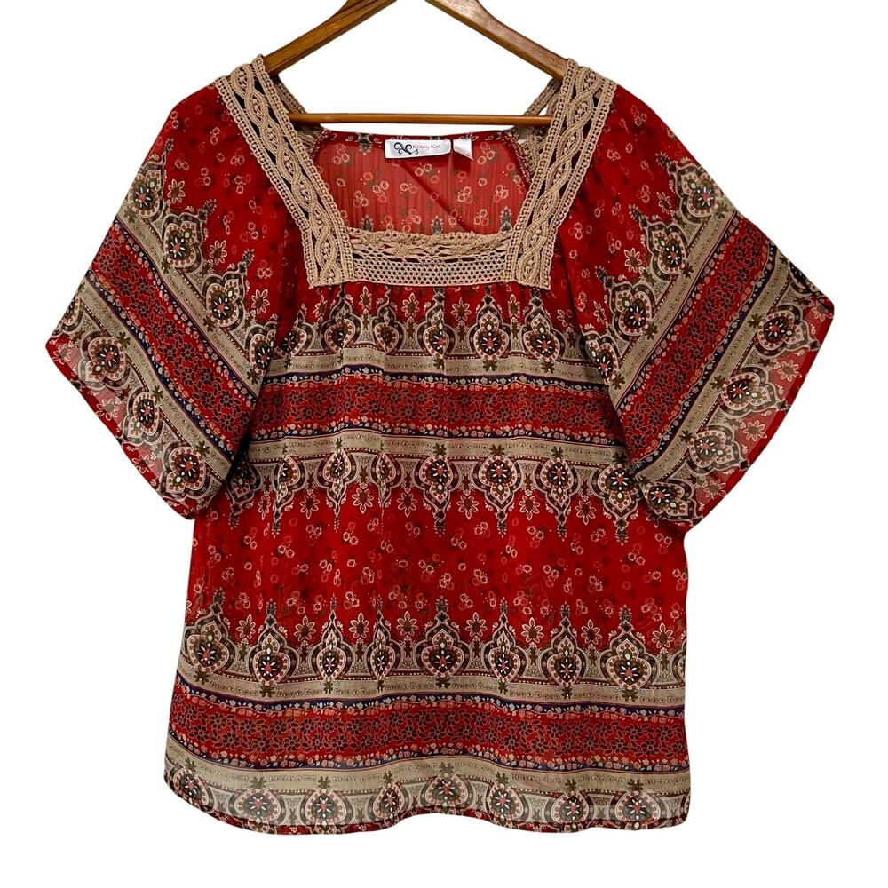 Krazy Kat Boho Peasant Blouse Crochet Yoke Red Folk Border Print Top Womens L
